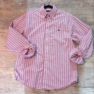 Button down men's shirt.  Red white and blue small check